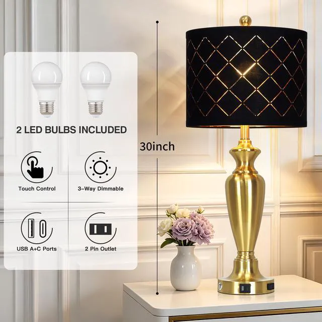 Alt view image 2 of 7 - 30" Tall Gold Table Lamps Set of 2 for Living Room & Bedroom Touch Control, USB-A & USB-C Charging Ports and AC Outlet, 3-Way Dimmable, Black Grid Lampshade, 2 LED Bulbs Included
