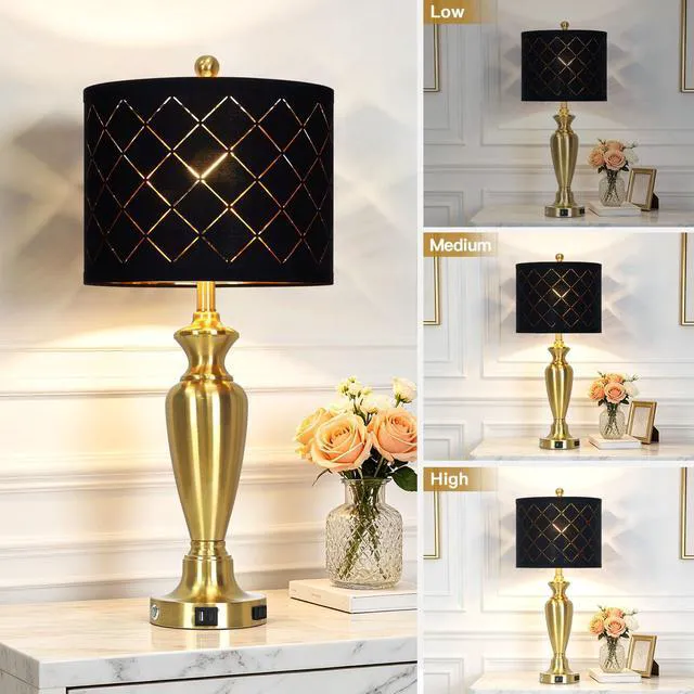 Alt view image 3 of 7 - 30" Tall Gold Table Lamps Set of 2 for Living Room & Bedroom Touch Control, USB-A & USB-C Charging Ports and AC Outlet, 3-Way Dimmable, Black Grid Lampshade, 2 LED Bulbs Included