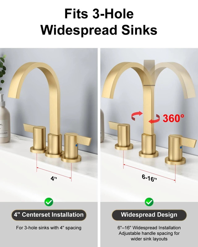 Alt view image 4 of 7 - Gold 3 Hole Bathroom Faucet,8" Widespread Vanity Faucet 2 Handle Waterfall Bathroom Sink Faucet with Pop-Up Drain,Supply Lines,360° Swivel Spout,Lead-Free Stainless Steel,Deck Mount