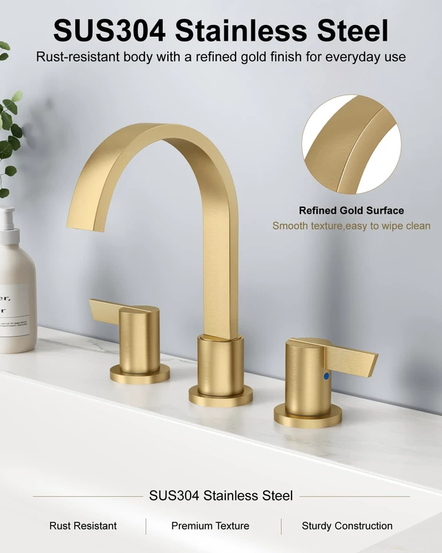 Alt view image 6 of 7 - Gold 3 Hole Bathroom Faucet,8" Widespread Vanity Faucet 2 Handle Waterfall Bathroom Sink Faucet with Pop-Up Drain,Supply Lines,360° Swivel Spout,Lead-Free Stainless Steel,Deck Mount