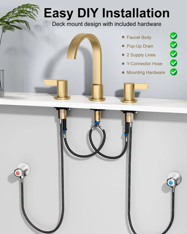 Alt view image 7 of 7 - Gold 3 Hole Bathroom Faucet,8" Widespread Vanity Faucet 2 Handle Waterfall Bathroom Sink Faucet with Pop-Up Drain,Supply Lines,360° Swivel Spout,Lead-Free Stainless Steel,Deck Mount