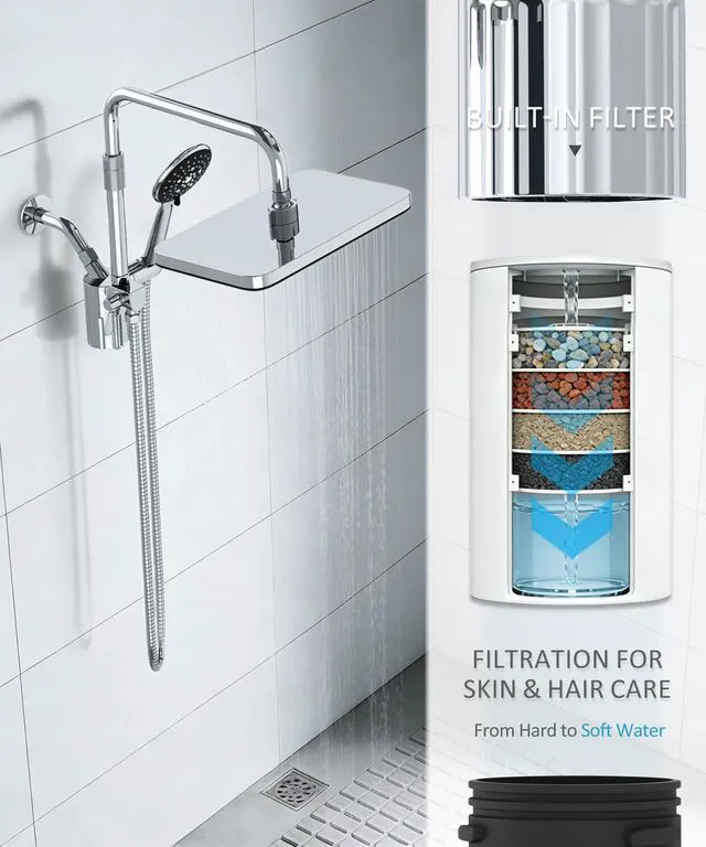 Alt view image 3 of 6 - 12 Inch Shower Head with Filters Rain Shower Head with Handheld Spray Combo Filtered Shower Heads with Handheld,High Pressure Rainfall Dual Showerhead,Adjust Height and Angle of Extension Arm,Chrome