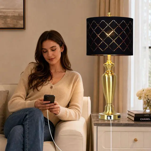 Alt view image 4 of 7 - 30" Tall Gold Table Lamps Set of 2 for Living Room & Bedroom Touch Control, USB-A & USB-C Charging Ports and AC Outlet, 3-Way Dimmable, Black Grid Lampshade, 2 LED Bulbs Included