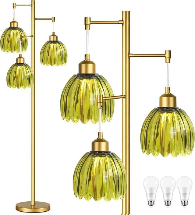 Main image of Vintage Floor Lamps for Living Room-3 Light Gold Floor Lamp with Three Bulbs & Glass Lampshape,Glass Mid Century Modern Standing Lamp Tree Tall Flower Floor Lamp for Bedroom Living Room,Corner