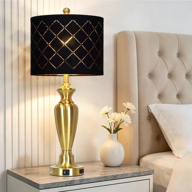 Alt view image 5 of 7 - 30" Tall Gold Table Lamps Set of 2 for Living Room & Bedroom Touch Control, USB-A & USB-C Charging Ports and AC Outlet, 3-Way Dimmable, Black Grid Lampshade, 2 LED Bulbs Included