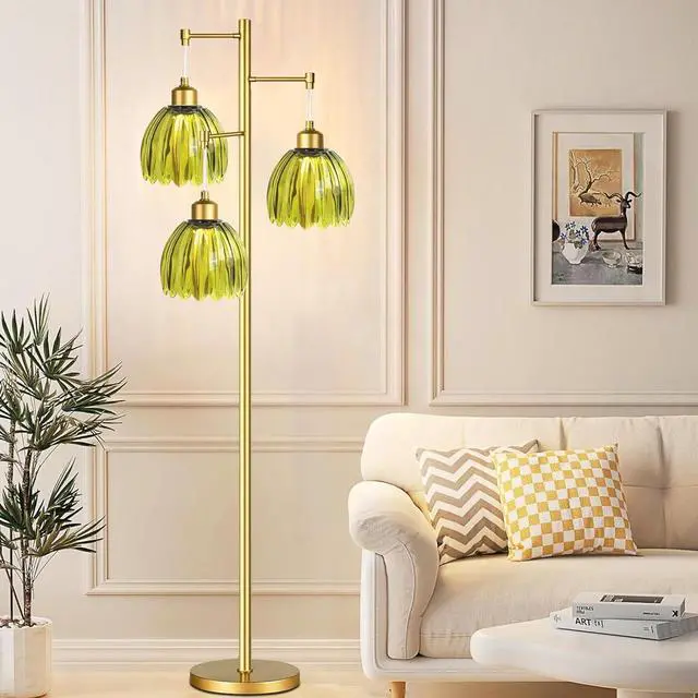 Alt view image 2 of 7 - Vintage Floor Lamps for Living Room-3 Light Gold Floor Lamp with Three Bulbs & Glass Lampshape,Glass Mid Century Modern Standing Lamp Tree Tall Flower Floor Lamp for Bedroom Living Room,Corner