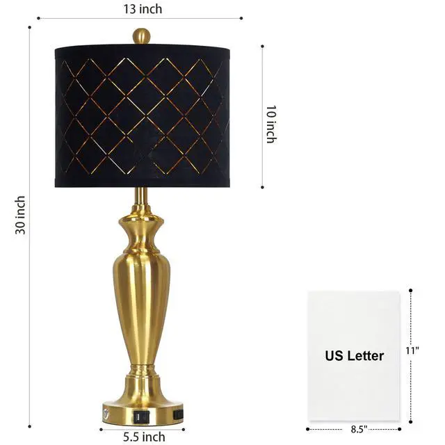 Alt view image 7 of 7 - 30" Tall Gold Table Lamps Set of 2 for Living Room & Bedroom Touch Control, USB-A & USB-C Charging Ports and AC Outlet, 3-Way Dimmable, Black Grid Lampshade, 2 LED Bulbs Included