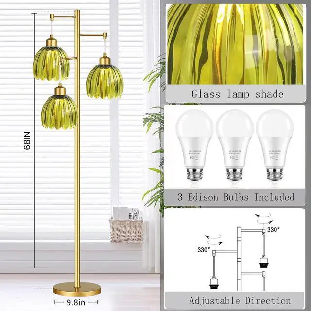 Alt view image 4 of 7 - Vintage Floor Lamps for Living Room-3 Light Gold Floor Lamp with Three Bulbs & Glass Lampshape,Glass Mid Century Modern Standing Lamp Tree Tall Flower Floor Lamp for Bedroom Living Room,Corner