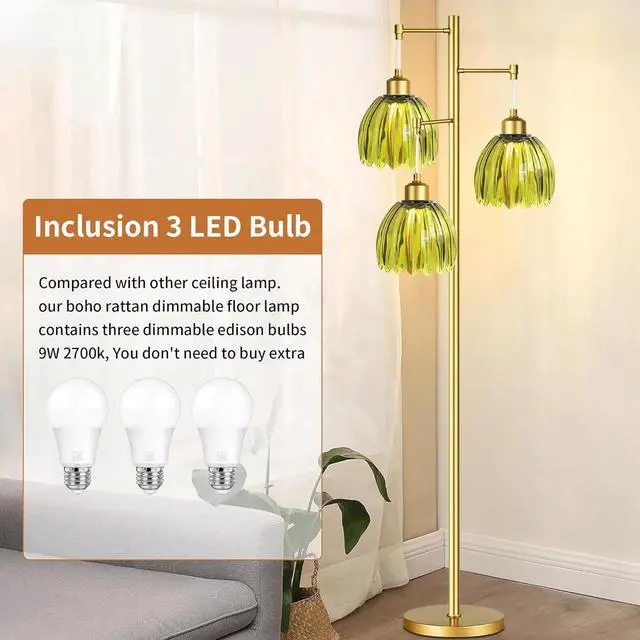 Alt view image 3 of 7 - Vintage Floor Lamps for Living Room-3 Light Gold Floor Lamp with Three Bulbs & Glass Lampshape,Glass Mid Century Modern Standing Lamp Tree Tall Flower Floor Lamp for Bedroom Living Room,Corner