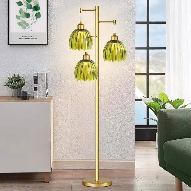 Alt view image 5 of 7 - Vintage Floor Lamps for Living Room-3 Light Gold Floor Lamp with Three Bulbs & Glass Lampshape,Glass Mid Century Modern Standing Lamp Tree Tall Flower Floor Lamp for Bedroom Living Room,Corner