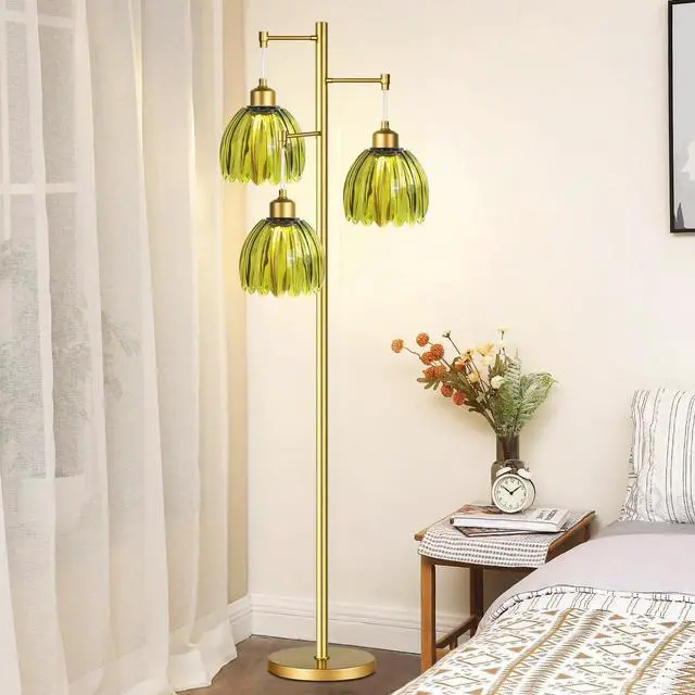 Alt view image 6 of 7 - Vintage Floor Lamps for Living Room-3 Light Gold Floor Lamp with Three Bulbs & Glass Lampshape,Glass Mid Century Modern Standing Lamp Tree Tall Flower Floor Lamp for Bedroom Living Room,Corner