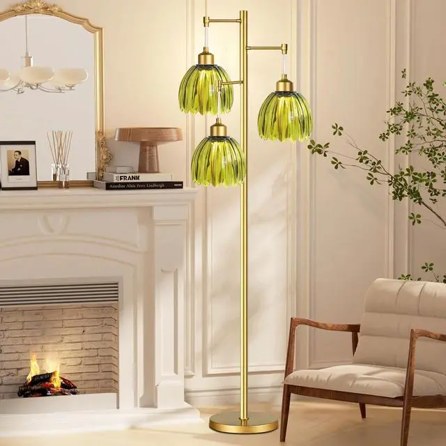 Alt view image 7 of 7 - Vintage Floor Lamps for Living Room-3 Light Gold Floor Lamp with Three Bulbs & Glass Lampshape,Glass Mid Century Modern Standing Lamp Tree Tall Flower Floor Lamp for Bedroom Living Room,Corner