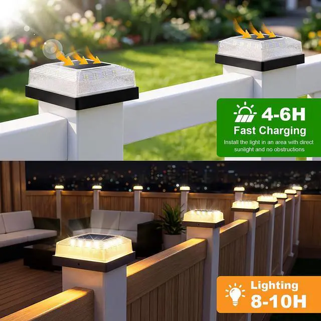Alt view image 4 of 7 - 3.5x3.5 4x4 Solar Post Cap Light Outdoor 12-Pack Black 3 Lighting Modes, IP65 Waterproof, for Wooden/Vinyl Posts, Outdoor, for Garden, Patio, Fence, Deck