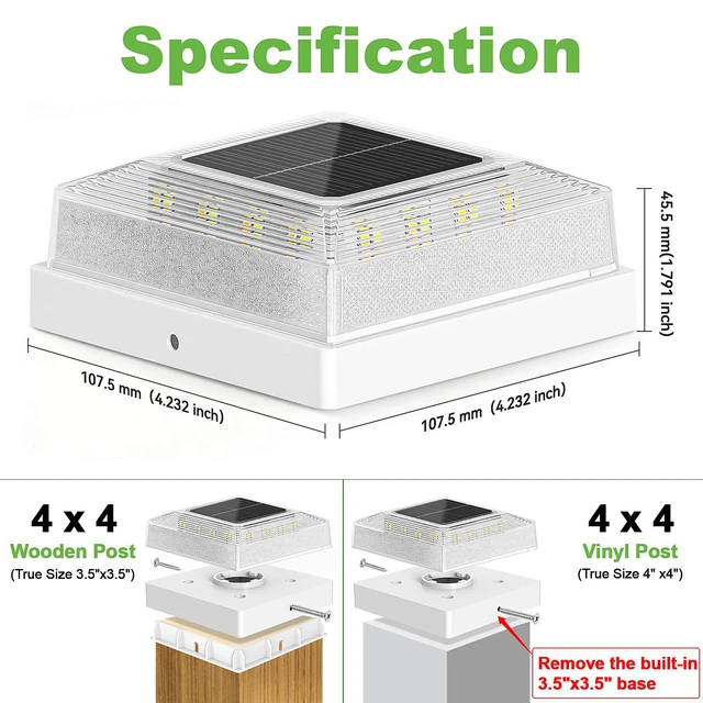 Alt view image 2 of 7 - 3.5x3.5 4x4 Solar Post Cap Light Outdoor 12-Pack White 3 Lighting Modes, IP65 Waterproof, for Wooden/Vinyl Posts, Outdoor, for Garden, Patio, Fence, Deck