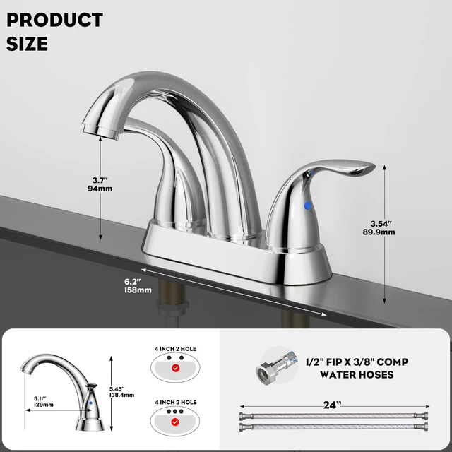 Alt view image 4 of 7 - Chrome 4 Inch 2 Handle Centerset 2 or 3 Holes Bathroom Faucet 2 Pack, Vanity Sink Faucet with Copper Pop Up Drain and Water Supply Lines, BF008-5-C-2PACK