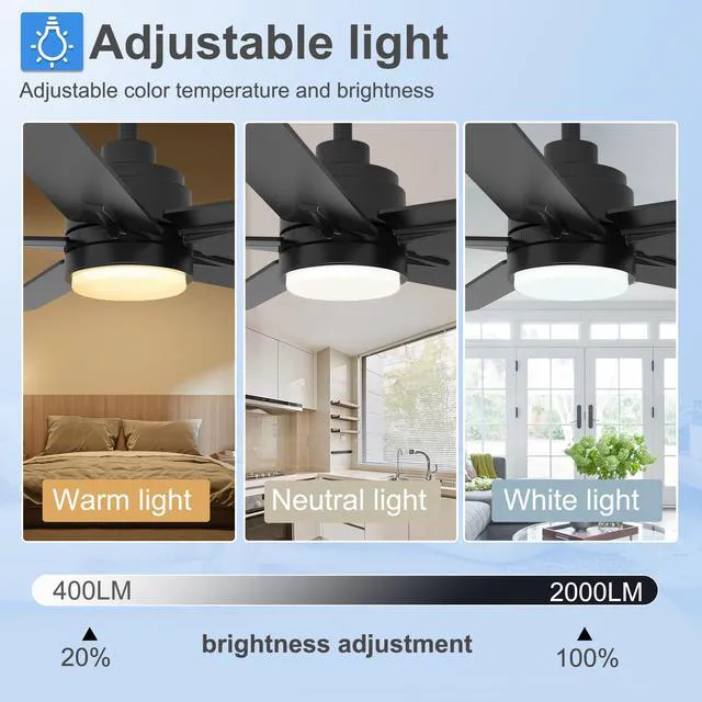 Alt view image 4 of 7 - 42 Inch Black Ceiling Fan with Light and Remote Control 6-Speed Quiet Reversible DC Motor, Dimmable 3CCT LED, 3 Timer Settings, 5-Blade Modern Design, Indoor or Covered Outdoor Use