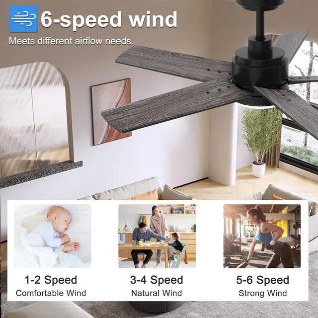 Alt view image 5 of 7 - 42 Inch Black Ceiling Fan with Light and Remote Control 6-Speed Quiet Reversible DC Motor, Dimmable 3CCT LED, 3 Timer Settings, 5-Blade Modern Design, Indoor or Covered Outdoor Use