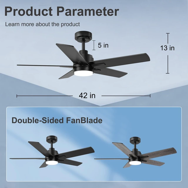 Alt view image 7 of 7 - 42 Inch Black Ceiling Fan with Light and Remote Control 6-Speed Quiet Reversible DC Motor, Dimmable 3CCT LED, 3 Timer Settings, 5-Blade Modern Design, Indoor or Covered Outdoor Use