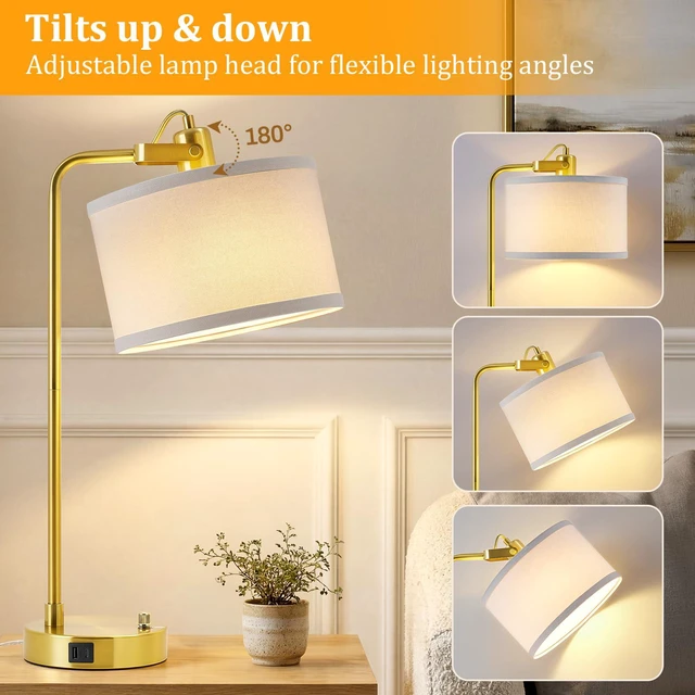 Alt view image 2 of 7 - Gold Table Lamp Set of 2, USB A+C, 180° Adjustable Bedside Lamps, Dimmable Bare Bulb Compatible, Industrial Nightstand Lamp with Linen Lampshade, LED Bulbs Included, Desk Lamp for Bedroom, Living Room