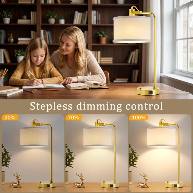 Alt view image 3 of 7 - Gold Table Lamp Set of 2, USB A+C, 180° Adjustable Bedside Lamps, Dimmable Bare Bulb Compatible, Industrial Nightstand Lamp with Linen Lampshade, LED Bulbs Included, Desk Lamp for Bedroom, Living Room
