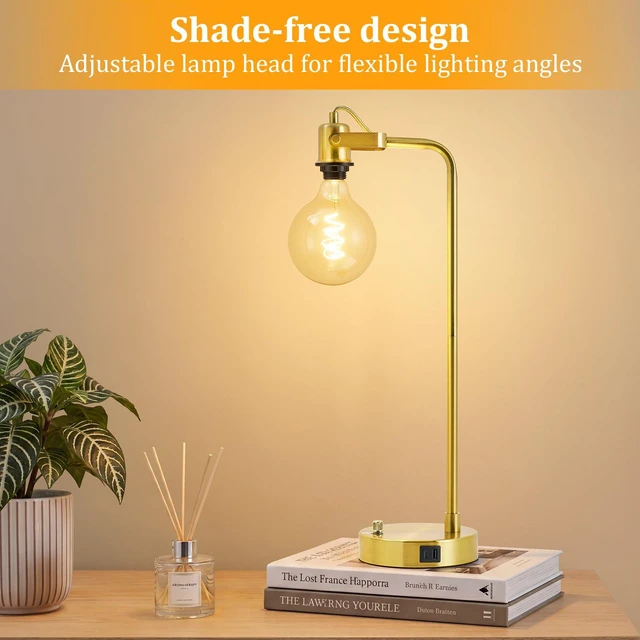 Alt view image 4 of 7 - Gold Table Lamp Set of 2, USB A+C, 180° Adjustable Bedside Lamps, Dimmable Bare Bulb Compatible, Industrial Nightstand Lamp with Linen Lampshade, LED Bulbs Included, Desk Lamp for Bedroom, Living Room