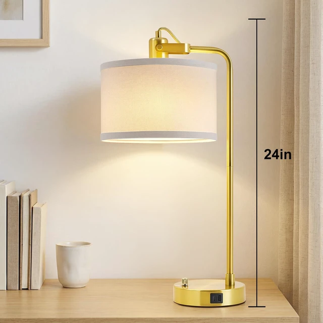 Alt view image 5 of 7 - Gold Table Lamp Set of 2, USB A+C, 180° Adjustable Bedside Lamps, Dimmable Bare Bulb Compatible, Industrial Nightstand Lamp with Linen Lampshade, LED Bulbs Included, Desk Lamp for Bedroom, Living Room