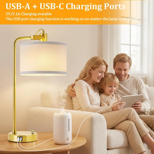 Alt view image 6 of 7 - Gold Table Lamp Set of 2, USB A+C, 180° Adjustable Bedside Lamps, Dimmable Bare Bulb Compatible, Industrial Nightstand Lamp with Linen Lampshade, LED Bulbs Included, Desk Lamp for Bedroom, Living Room