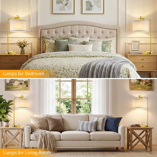 Alt view image 7 of 7 - Gold Table Lamp Set of 2, USB A+C, 180° Adjustable Bedside Lamps, Dimmable Bare Bulb Compatible, Industrial Nightstand Lamp with Linen Lampshade, LED Bulbs Included, Desk Lamp for Bedroom, Living Room