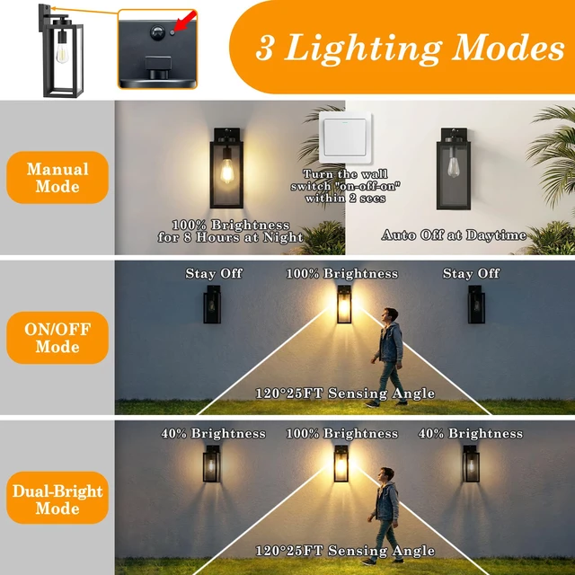Alt view image 3 of 7 - 15" Large Upgraded Motion Sensor Outdoor Wall Lights, Matte Black 3 Lighting Modes, Rust-Resistant, Quick & Easy Installation, Waterproof & Weatherproof, Thick Clear Glass & Durable Metal