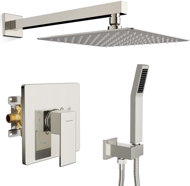 Main image of Shower System 10-Inch Rainfall Shower Head Brushed Nickel Wall-Mounted Shower Faucet Set with Handle Solid Brass Valve and Trim Kit Included for a Complete Bathroom Installation