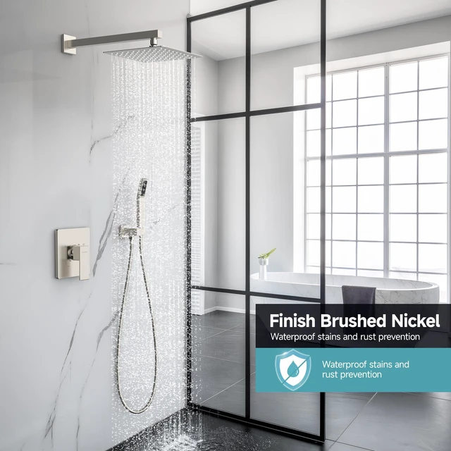 Alt view image 2 of 7 - Shower System 10-Inch Rainfall Shower Head Brushed Nickel Wall-Mounted Shower Faucet Set with Handle Solid Brass Valve and Trim Kit Included for a Complete Bathroom Installation