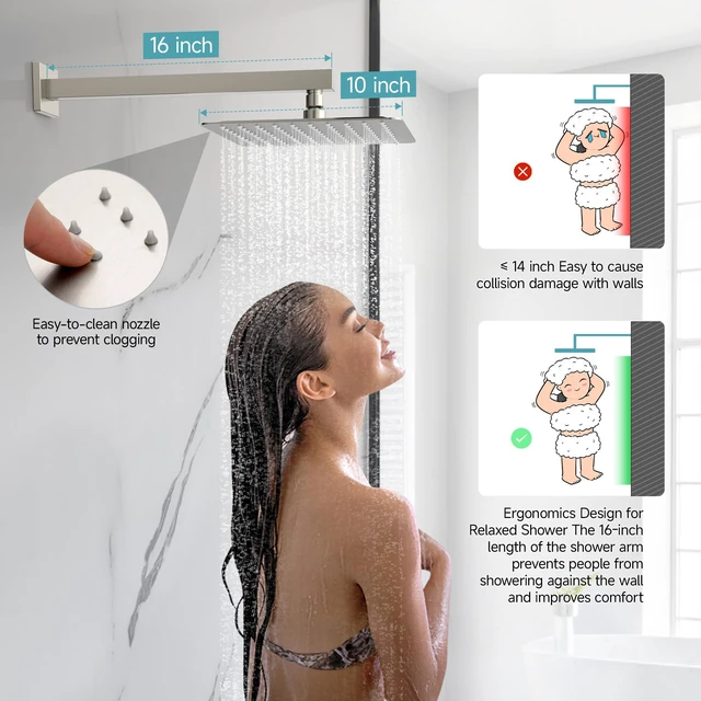 Alt view image 4 of 7 - Shower System 10-Inch Rainfall Shower Head Brushed Nickel Wall-Mounted Shower Faucet Set with Handle Solid Brass Valve and Trim Kit Included for a Complete Bathroom Installation