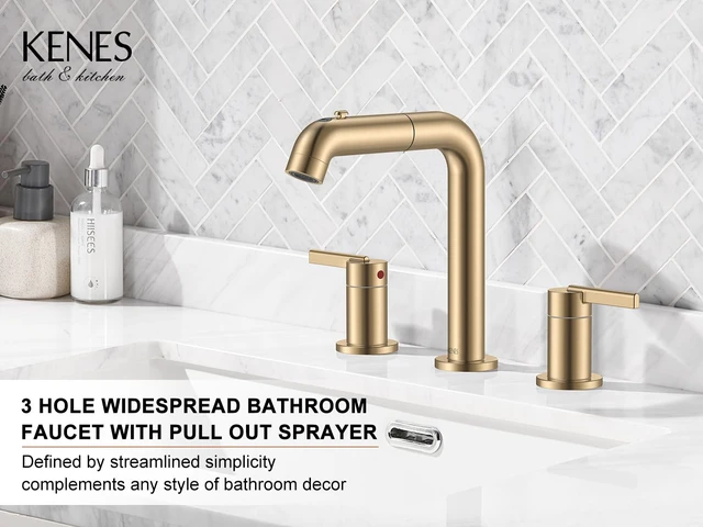 Alt view image 2 of 7 - Champagne Bronze Pull Down Widespread Bathroom Faucet 3 Hole 2 Handle Pull Out Bathroom Faucet with Pop Up Drain & Supply Lines, Lead-Free cUPC & NSF Certified, 8 Inch Faucet for Vanity RV Sink