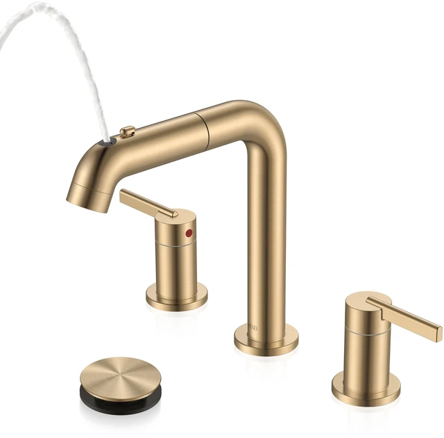 Main image of Champagne Bronze Pull Down Widespread Bathroom Faucet 3 Hole 2 Handle Pull Out Bathroom Faucet with Pop Up Drain & Supply Lines, Lead-Free cUPC & NSF Certified, 8 Inch Faucet for Vanity RV Sink