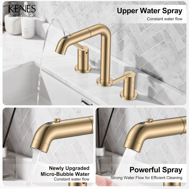 Alt view image 3 of 7 - Champagne Bronze Pull Down Widespread Bathroom Faucet 3 Hole 2 Handle Pull Out Bathroom Faucet with Pop Up Drain & Supply Lines, Lead-Free cUPC & NSF Certified, 8 Inch Faucet for Vanity RV Sink