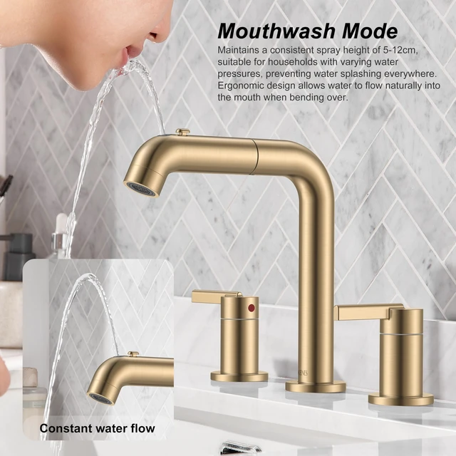 Alt view image 4 of 7 - Champagne Bronze Pull Down Widespread Bathroom Faucet 3 Hole 2 Handle Pull Out Bathroom Faucet with Pop Up Drain & Supply Lines, Lead-Free cUPC & NSF Certified, 8 Inch Faucet for Vanity RV Sink