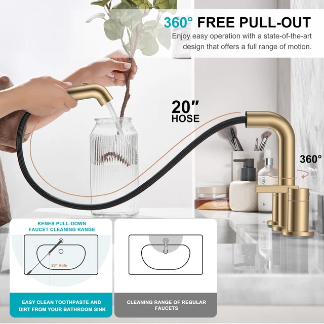 Alt view image 5 of 7 - Champagne Bronze Pull Down Widespread Bathroom Faucet 3 Hole 2 Handle Pull Out Bathroom Faucet with Pop Up Drain & Supply Lines, Lead-Free cUPC & NSF Certified, 8 Inch Faucet for Vanity RV Sink
