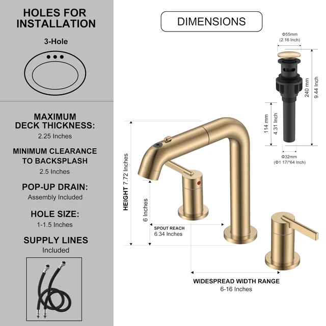 Alt view image 6 of 7 - Champagne Bronze Pull Down Widespread Bathroom Faucet 3 Hole 2 Handle Pull Out Bathroom Faucet with Pop Up Drain & Supply Lines, Lead-Free cUPC & NSF Certified, 8 Inch Faucet for Vanity RV Sink