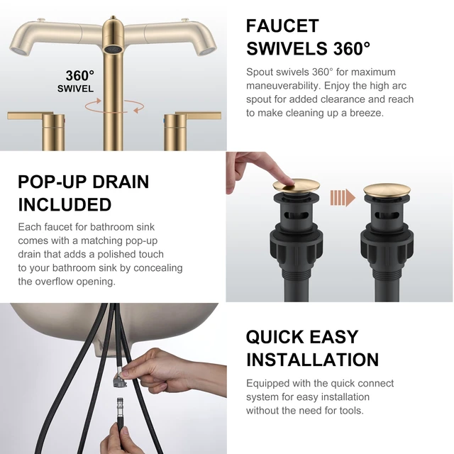Alt view image 7 of 7 - Champagne Bronze Pull Down Widespread Bathroom Faucet 3 Hole 2 Handle Pull Out Bathroom Faucet with Pop Up Drain & Supply Lines, Lead-Free cUPC & NSF Certified, 8 Inch Faucet for Vanity RV Sink