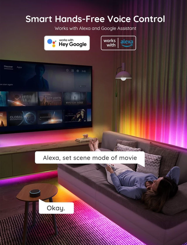 Alt view image 4 of 6 - 65.6ft RGBIC LED Strip Lights, Work with Alexa and Google Assistant APP WIFI Control, DIY Segmented Color, 64 Scene Modes,16 Million Colors, Music Sync, LED Lights for Bedroom (2 X 32.8ft)