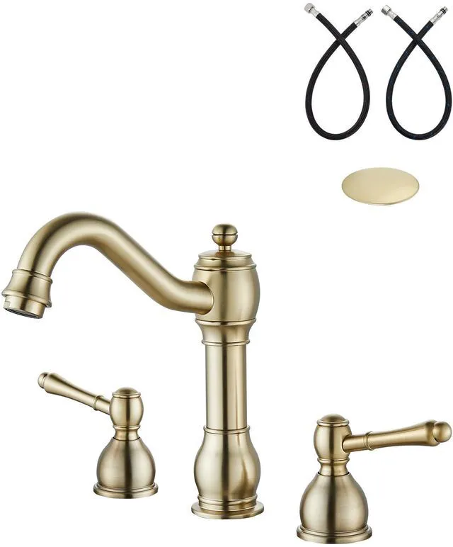 Main image of Widespread Bathroom Sink Faucet 3 Hole Metal Lever Brushed Gold Vintage Brass Sink Faucet,2 Handle,Pop Up Drain,cUPC Hose,for 8 Inch,6-16Centerset Basin,Farmhouse,RV,Vanity,Lavatory
