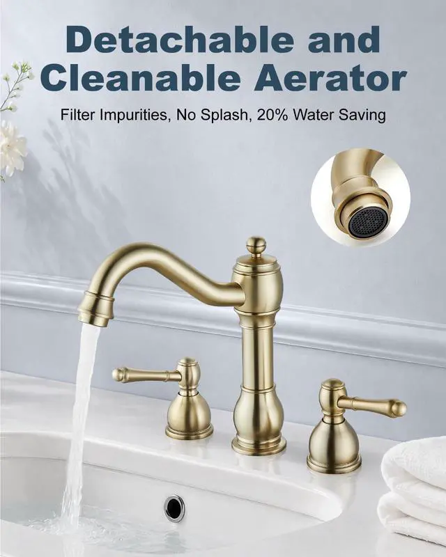 Alt view image 2 of 7 - Widespread Bathroom Sink Faucet 3 Hole Metal Lever Brushed Gold Vintage Brass Sink Faucet,2 Handle,Pop Up Drain,cUPC Hose,for 8 Inch,6-16Centerset Basin,Farmhouse,RV,Vanity,Lavatory