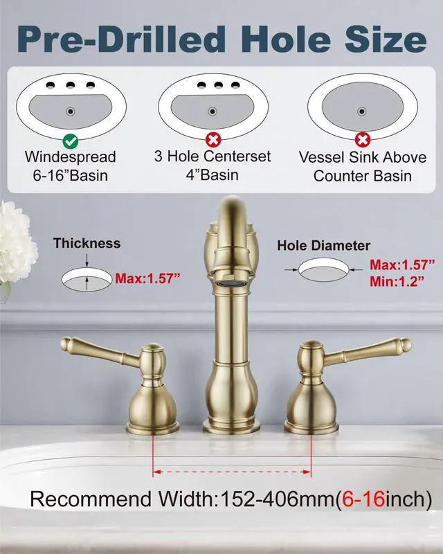 Alt view image 3 of 7 - Widespread Bathroom Sink Faucet 3 Hole Metal Lever Brushed Gold Vintage Brass Sink Faucet,2 Handle,Pop Up Drain,cUPC Hose,for 8 Inch,6-16Centerset Basin,Farmhouse,RV,Vanity,Lavatory