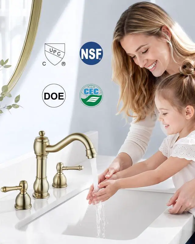 Alt view image 4 of 7 - Widespread Bathroom Sink Faucet 3 Hole Metal Lever Brushed Gold Vintage Brass Sink Faucet,2 Handle,Pop Up Drain,cUPC Hose,for 8 Inch,6-16Centerset Basin,Farmhouse,RV,Vanity,Lavatory