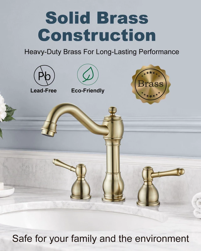 Alt view image 5 of 7 - Widespread Bathroom Sink Faucet 3 Hole Metal Lever Brushed Gold Vintage Brass Sink Faucet,2 Handle,Pop Up Drain,cUPC Hose,for 8 Inch,6-16Centerset Basin,Farmhouse,RV,Vanity,Lavatory