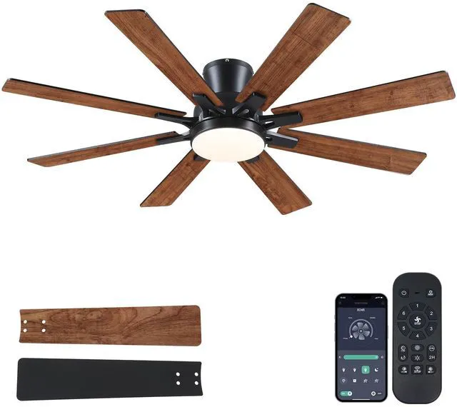Main image of 52 Inch Ceiling Fans with Lights Flush Mount Indoor Outdoor Brown Farmhouse Low Profile Ceiling Fan with Remote/APP for Bedroom Living Room, Quiet DC Motor, Dimmable, 8 Dual-finish Wood Blade