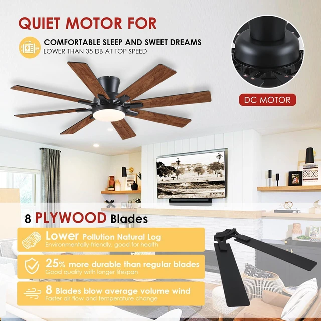 Alt view image 2 of 7 - 52 Inch Ceiling Fans with Lights Flush Mount Indoor Outdoor Brown Farmhouse Low Profile Ceiling Fan with Remote/APP for Bedroom Living Room, Quiet DC Motor, Dimmable, 8 Dual-finish Wood Blade