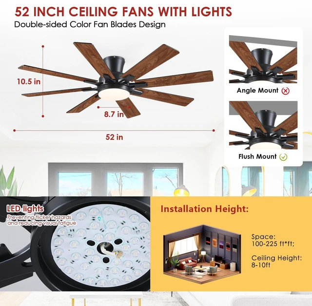 Alt view image 3 of 7 - 52 Inch Ceiling Fans with Lights Flush Mount Indoor Outdoor Brown Farmhouse Low Profile Ceiling Fan with Remote/APP for Bedroom Living Room, Quiet DC Motor, Dimmable, 8 Dual-finish Wood Blade