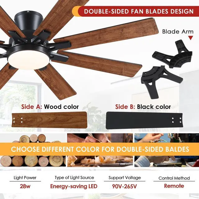 Alt view image 5 of 7 - 52 Inch Ceiling Fans with Lights Flush Mount Indoor Outdoor Brown Farmhouse Low Profile Ceiling Fan with Remote/APP for Bedroom Living Room, Quiet DC Motor, Dimmable, 8 Dual-finish Wood Blade