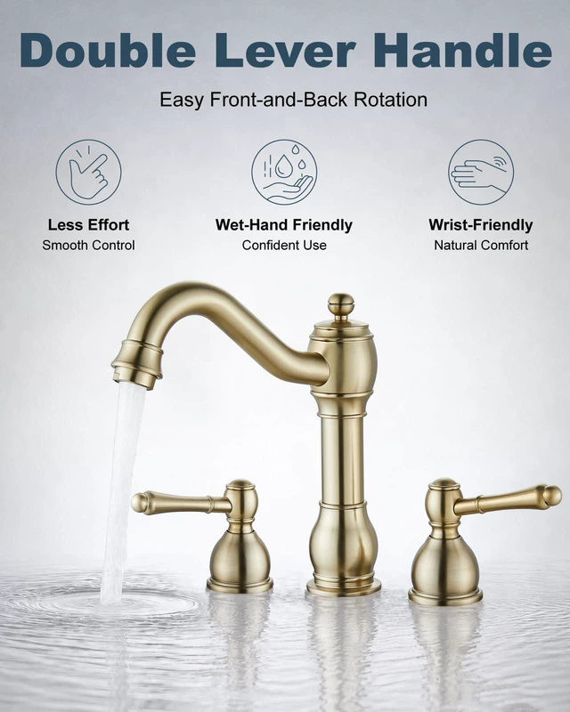 Alt view image 7 of 7 - Widespread Bathroom Sink Faucet 3 Hole Metal Lever Brushed Gold Vintage Brass Sink Faucet,2 Handle,Pop Up Drain,cUPC Hose,for 8 Inch,6-16Centerset Basin,Farmhouse,RV,Vanity,Lavatory